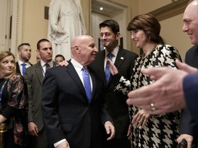 From left, House Ways and Means Committee Chairman Kevin Brady, R-Texas, Speaker of the House Paul Ryan, R-Wis., Rep. Cathy McMorris Rodgers, R-Wash., chair of the Republican Conference, and House Majority Whip Steve Scalise, R-La., arrive to speak after passing the GOP tax reform bill in the House of Representatives, on Capitol Hill, in Washington, Tuesday, Dec. 19, 2017. Republicans muscled the most sweeping rewrite of the nation's tax laws in more than three decades through the House. In a last-minute glitch, however, Democrats said three provisions in the bill, including one that would allow parents to use college savings accounts for home-schooling expenses for young children, violate Senate budget rules. House Majority Leader Kevin McCarthy, R-Calif., said the House would vote on the package again on Wednesday