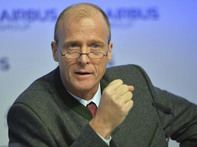 FILE - In this Feb. 27, 2015 file photo, Airbus Group CEO Tom Enders speaks to journalists during the Airbus Group press conference on the 2014 annual results in Munich, southern Germany. European airplane maker Airbus said Friday, Dec. 15, 2017 chief executive Tom Enders will step down in April 2019.