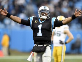 Carolina Panthers' Cam Newton (1) celebrates after a Green Bay Packers fumble during the second half of an NFL football game in Charlotte, N.C., Sunday, Dec. 17, 2017.