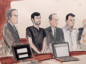 FILE- In this Dec. 17, 2015, file courtroom sketch, from left, defense attorney Baruch White, pharmaceutical entrepreneur Martin Shkreli, defense attorney Jonathan Sack and co-defendant Evan Greebel, appear in court in New York. Greebel, a lawyer accused of helping Shkreli cover up a financial fraud, was convicted of conspiracy charges Wednesday, Dec. 27, 2017, by a federal jury in the Brooklyn borough of New York.