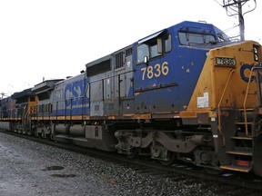 In this Thursday, Jan. 26, 2017, photo, a CSX freight train passes through Homestead, Pa. Shares of CSX are tumbling in premarket trading Friday, Dec. 15, 2017, following the railroad company's announcement that its CEO will take a medical leave.