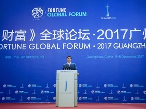 Prime Minister Justin Trudeau delivers a speech at the Fortune Global Forum in Guangzhou, China, on Wednesday, Dec. 6, 2017.