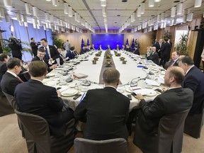 European Union heads of state attend a breakfast meeting at an EU summit in Brussels on Friday, Dec. 15, 2017. European Union leaders were set Friday to authorize a new phase in Brexit talks as time runs short to clinch an agreement on future relations and trade with Britain before it leaves the bloc in March 2019.