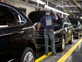 New Ford Edges sit on a production line as Ford Motor Company celebrates the global production start of the 2015 Ford Edge at the Ford Assembly Plant in Oakville, Ont.