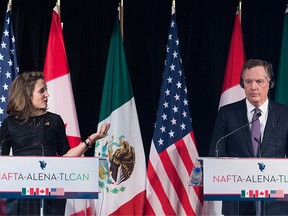 Foreign Affairs Minister Chrystia Freeland delivers her statement to the media as United States Trade Representative Robert Lighthizer looks on during the sixth round of negotiations for a new North American Free Trade Agreement in Montreal, Monday, January 29, 2018.