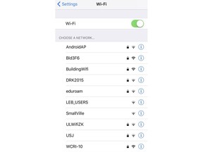 A smartphone screenshot taken Wednesday, Jan. 18, 2017 shows the WiFi networks active at the corner of Pierre Gemayel and Damascus Streets in Beirut. A report being published Thursday identifies the second WiFi network from the top as being associated with Lebanon's General Directorate of General Security, which is at the same address. (AP Photo)