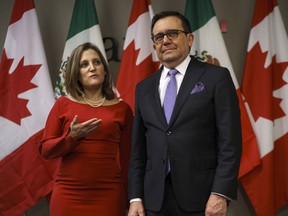 Chrystia Freeland, Canada's minister of foreign affairs, left, speaks with Ildefonso Guajardo Villarreal, Mexico's secretary of economy, before a bilateral meeting in Toronto, Ontario, Canada, on Monday, Jan. 22, 2018. Nafta talks are entering a pivotal moment as the U.S. turns up the pressure on Canada and Mexico to radically alter the trade pact in favour of American interests.