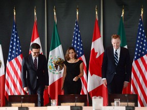 Minister of Foreign Affairs Chrystia Freeland meets for a trilateral meeting with Mexico's Secretary of Economy Ildefonso Guajardo Villarreal, left, and Ambassador Robert E. Lighthizer, United States Trade Representative, during the final day of the third round of NAFTA negotiations at Global Affairs Canada in Ottawa on Wednesday, Sept. 27, 2017. Canada will be hosting an annoyed and angry United States as the sixth round of talks in the North American Free Trade Agreement renegotiation unfold over the coming week.