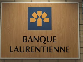 The Banque Laurentienne or Laurentian Bank logo is seen Tuesday, June 21, 2016 in Montreal.