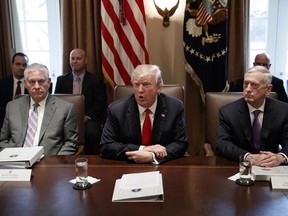 Secretary of State Rex Tillerson, left, and Secretary of Defense Jim Mattis, right, listen as President Donald Trump speaks during a cabinet meeting at the White House, Wednesday, Jan. 10, 2018, in Washington.