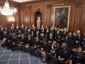 House Minority Leader Nancy Pelosi of Calif., center seated, with other House members wearing black in support the #metoo and #timesup movement, pose for a group photo ahead of tonight's State of the Union address on Capitol Hill in Washington, Tuesday, Jan. 30, 2018.