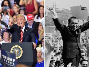 Could history repeat itself? The controversies surrounding Donald Trump (left) are eerily similar to that of Richard Nixon.