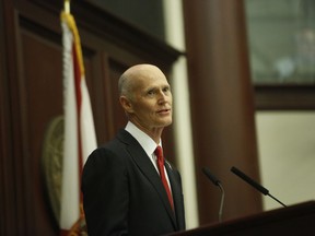 Florida Gov. Rick Scott delivers his State of the State Address in the House chambers on the opening day of the legislative session, Tuesday, Jan. 9, 2018, in Tallahassee, Fla.