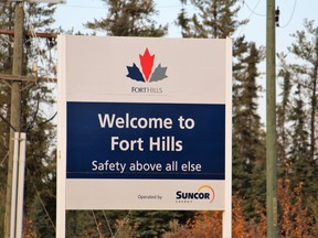The entrance to the Fort Hills mining site seen from Highway 63, located north of  Fort McMurray, Alta. on Saturday September 30, 2017.