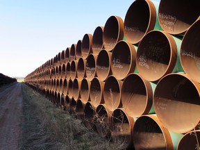 A yard in Gascoyne, ND. in 2015, which has hundreds of kilometres of pipes stacked inside it that were supposed to go into the Keystone XL pipeline.