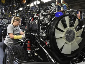 In this Friday, Oct. 27, 2017, photo, workers assemble Ford trucks at the Ford Kentucky Truck Plant in Louisville, Ky. On Friday, Jan. 26, 2018, the Commerce Department releases its December report on durable goods.