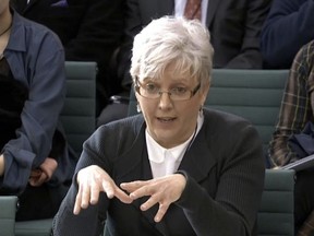 In this image made from screengrab, journalist Carrie Gracie gives evidence to the Digital, Culture, Media and Sport Committee in Portcullis House, London, Wednesday, Jan. 31, 2018. A senior BBC journalist who quit her post to protest the gender pay gap says management is hurting the corporation's credibility by failing to address the issue. Gracie, the broadcaster's former China editor, says BBC managers have treated women who speak out about pay "as some sort of enemy."