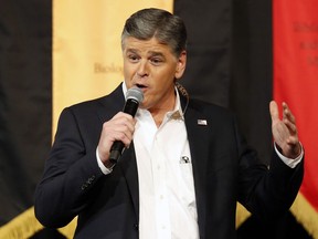 FILE - In this March 18, 2016 file photo, Fox News Channel's Sean Hannity speaks during a campaign rally for Republican presidential candidate, Sen. Ted Cruz, R-Texas, in Phoenix.  The Twitter account for the conservative TV host disappeared for a few hours early Saturday, Jan. 27, 2018, and the conspiracy theories quickly flowed. After  Hannity verified account posted a message that said "Form Submission 1649," page visitors said they were getting a "Sorry, that page doesn't exist" message. By the time Hannity's account was back up, speculation was rampant about the disappearance.