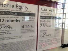 FILE - In this March 6, 2017, file photo, home equity and auto loan rates are displayed at a bank in North Andover, Mass. On Monday, Jan. 8, 2018, the Federal Reserve releases its November report on consumer borrowing.