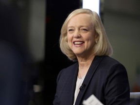 FILE - In this Nov. 2, 2015, file photo, Hewlett Packard Enterprise President and CEO Meg Whitman is interviewed on the floor of the New York Stock Exchange. Whitman has been named CEO of mobile media company NewTV, the company announced Wednesday, Jan. 24, 2018. NewTV, founded by former Disney chairman and co-founder of DreamWorks Animation Jeffrey Katzenberg, calls itself a "mobile-first media platform" that will deliver short, Hollywood-style productions to users via their mobile devices.