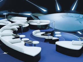 This undated image provided by Ponant shows a rendering of the Blue Eye, a lounge that will be located beneath the water line on a Ponant expedition ship debuting later this year, Le Laperouse. The Blue Eye will have two windows and digital screens showing images from underwater cameras, and it will also transmit underwater sounds and vibrations. (Ponant via AP)