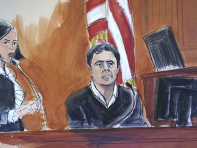 FILE- In this Dec. 15, 2017 courtroom artist's sketch, defendant Mehmet Atilla, right, testifies during his trial on corruption charges in New York. The Turkish banker accused of helping Iran evade U.S. sanctions has been convicted Wednesday, Jan. 3, 2018, by a jury in New York, after a trial that sowed distrust between the two nations. He was convicted of four conspiracy counts, including conspiracy to defraud the United States, plus one bank fraud count. He was acquitted of a money laundering charge.