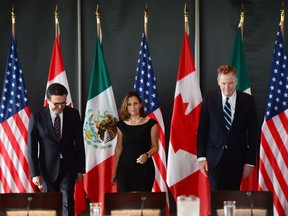 Minister of Foreign Affairs Chrystia Freeland, Mexico's Secretary of Economy Ildefonso Guajardo Villarreal, left, and Ambassador Robert E. Lighthizer, United States Trade Representative, wrapped up the third round of NAFTA negotiations in Ottawa in September.