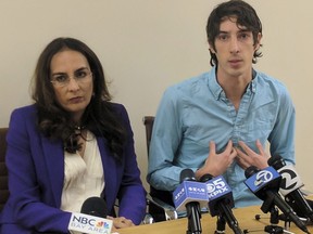 James Damore, right, a former Google engineer fired in 2017 after writing a memo about the biological differences between men and women, speaks at a news conference while his attorney, Harmeet Dhillon, listens, Monday, Jan. 8, 2018, in San Francisco. Damore discussed his lawsuit alleging that Google discriminates against workers with conservative opinions.
