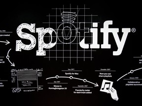 A timeline of Spotify accomplishments on a wall at the company headquarters in Stockholm.