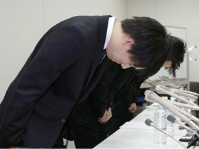 FILE - In this Friday, Jan. 26, 2018, file photo, Coincheck President Koichiro Wada, foreground, bows in apology at the beginning of a news conference in Tokyo. The Tokyo-based Coincheck exchange reported a 58 billion yen ($530 million) loss of crypto currency due to hacking. Blockchain is a decentralized technology that can make transactions safe and secure, but crypto-currency exchanges that trade bitcoins and other virtual currencies that are based on this technology have been hacked because they are not working on secure networks. (Kyodo News via AP, File)