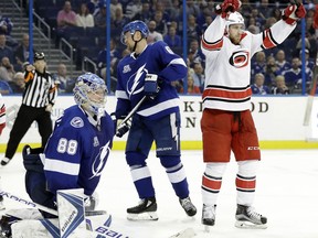 Carolina Hurricanes center Elias Lindholm, right, of Sweden, celebrates his goal against Tampa Bay Lightning goaltender Andrei Vasilevskiy, left, and Anton Stralman, center, during the third period of an NHL hockey game Tuesday, Jan. 9, 2018, in Tampa, Fla. The Lightning won 5-4.