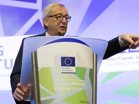 European Commission President Jean-Claude Juncker speaks during a conference 'Shaping Our Future' at the EU Charlemagne building in Brussels on Monday, Jan. 8, 2018. European Commission President Jean-Claude Juncker opened a debate Monday on the EU's next long-term budget, laying out the bloc's spending priorities over the seven years from 2021-2026.