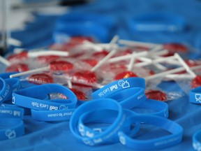 Bell Let's Talk-branded wrist bands at an event at Sault College in Sault Ste. Marie, Ont.