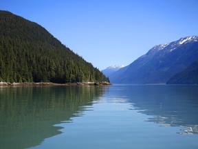 The view from the Portland Canal headed north toward the border towns of Hyder, Alaska and Stewart, British Columbia.