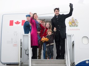 Prime Minister Justin Trudeau departs Ottawa with his wife Sophie Gregoire Trudeau, left to right, and children Xavier, Ella-Grace and Hadrien on Friday, Feb. 16, 2018., en route to India.