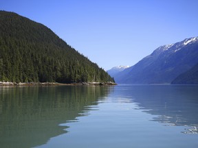 The view from the Portland Canal headed north toward the border towns of Hyder, Alaska and Stewart, British Columbia.