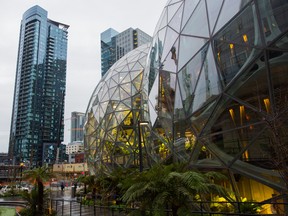 The Amazon.com Inc. Spheres, right, opened at the company's campus in Seattle, Washington in January.
