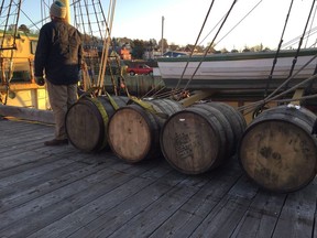 Barrels of rum from Ironworks Distillery rest before being loaded on a tall ship in this undated handout photo. For centuries, seafarers have known the benefits of aging rum in the hold of a ship, but now a Nova Scotia distillery is launching a modern take on the practice that will see their spirits circle the globe. Over the next 15 months, four barrels of rum from Ironworks Distillery in Lunenburg will travel in the cargo hold of the three-masted tall ship Picton Castle.