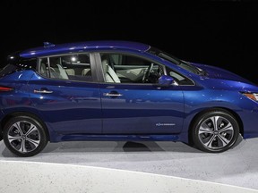In this Tuesday, Sept. 5, 2017, file photo, the 2018 Nissan Leaf is on display during an unveiling event in Las Vegas.