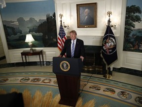 President Donald Trump speaks in the Diplomatic Room at the White House, in Washington, Thursday, Feb 15, 2018, about the tragic school shooting in Parkland, Fla.