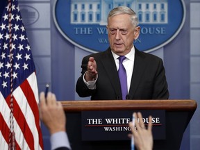 Defense Secretary Jim Mattis takes questions during the daily news briefing at the White House, in Washington, Wednesday, Feb. 7, 2018.
