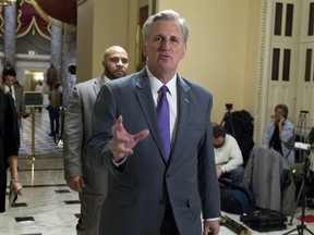 House Majority Leader Kevin McCarthy of Calif., walks to the House floor at the Capitol, Thursday, Feb. 8, 2018, in Washington., as lawmakers pushed to enact a massive budget deal along with a stopgap temporary measure to prevent a government shutdown at midnight.