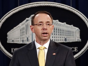 Deputy Attorney General Rod Rosenstein, speaks to the media with an announcement that the office of special counsel Robert Mueller says a grand jury has charged 13 Russian nationals and several Russian entities, Friday, Feb. 16, 2018, in Washington. The defendants are accused of violating U.S. criminal laws to interfere with American elections and the political process.