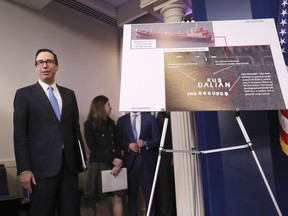 Treasury Secretary Steve Mnuchin waits to take the podium to begin a press briefing at the White House in Washington, Friday, Feb. 23, 2018. The Trump administration announced new sanctions on more than 50 vessels, shipping companies and trade businesses in its latest bid to pressure North Korea over its nuclear program.