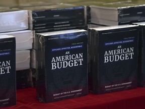 The President's FY19 Budget is on display after arriving on Capitol Hill in Washington, Monday, Feb. 12, 2018.