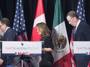 Foreign Affairs Minister Chrystia Freeland leaves the stage with United States Trade Representative Robert Lighthizer, right, and Mexico's Secretary of Economy Ildefonso Guajardo Villarrea after delivering statements to the media during the sixth round of negotiations for a new North American Free Trade Agreement in Montreal, Monday, January 29, 2018. Extending NAFTA negotiations into 2019 would prolong uncertainty for the Canadian economy and trim anticipated growth over the next year, says a forecast released Friday.