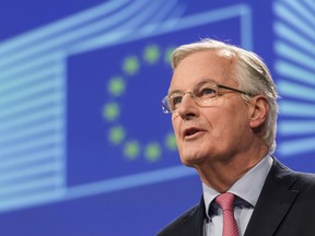 European Union chief Brexit negotiator Michel Barnier addresses the media on Brexit at EU headquarters in Brussels on Friday Feb. 9, 2018. The EU and Britain conducted a seventh round of Brexit negotiations on Friday.