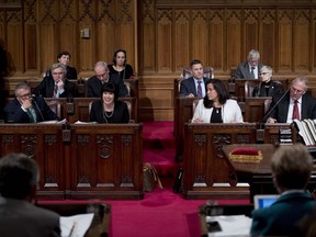 Minister of Health Ginette Petitpas Taylor speaks as she appears as a witness along with Minister of Public Safety and Emergency Preparedness Ralph Goodale, Minister of Justice and Attorney General of Canada Jody Wilson-Raybould and Bill Blair, M.P., Parliamentary Secretary to the Minister of Justice and the Attorney General of Canada and the Minister of Health, at a Senate Committee of the Whole, in the Senate Chamber, on Bill C-45, the Cannabis Act, on Parliament Hill in Ottawa on Tuesday, Feb. 6, 2018.