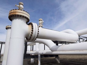 Pipes are seen at the Kinder Morgan Trans Mountain facility in Edmonton on April 6, 2017.