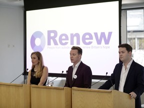 From left, the three principals Sandra Khadhouri, James Clarke and James Torrance deliver the launch of the "Renew" anti-brexit political party during a press conference at the QEII Centre in London, Monday, Feb. 19, 2018. Renew is a newly registered political party set up by a group of independent candidates who stood in the June election 2017 on a campaign to rethink Brexit. Renew aims to recruit 650 candidates to stand in every Parliamentary constituency in any future election and to campaign to Remain in the EU in any vote on the final deal.